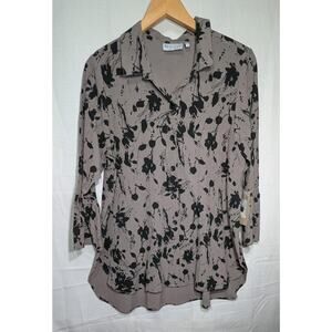 Habitat Button‎ Front Blouse Top Womens L Bark Taupe Black Floral Crinkle Travel